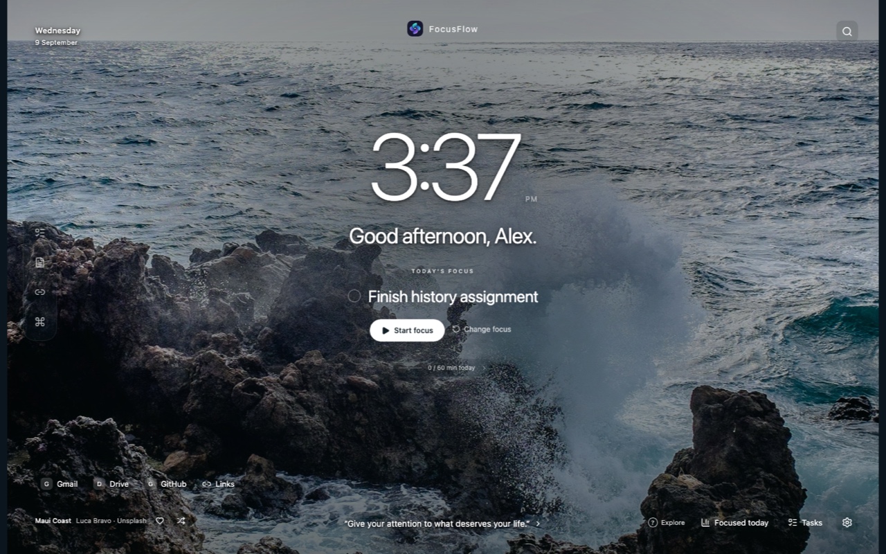 FocusFlow new tab with an ocean background, clock, daily intention and Start focus button
